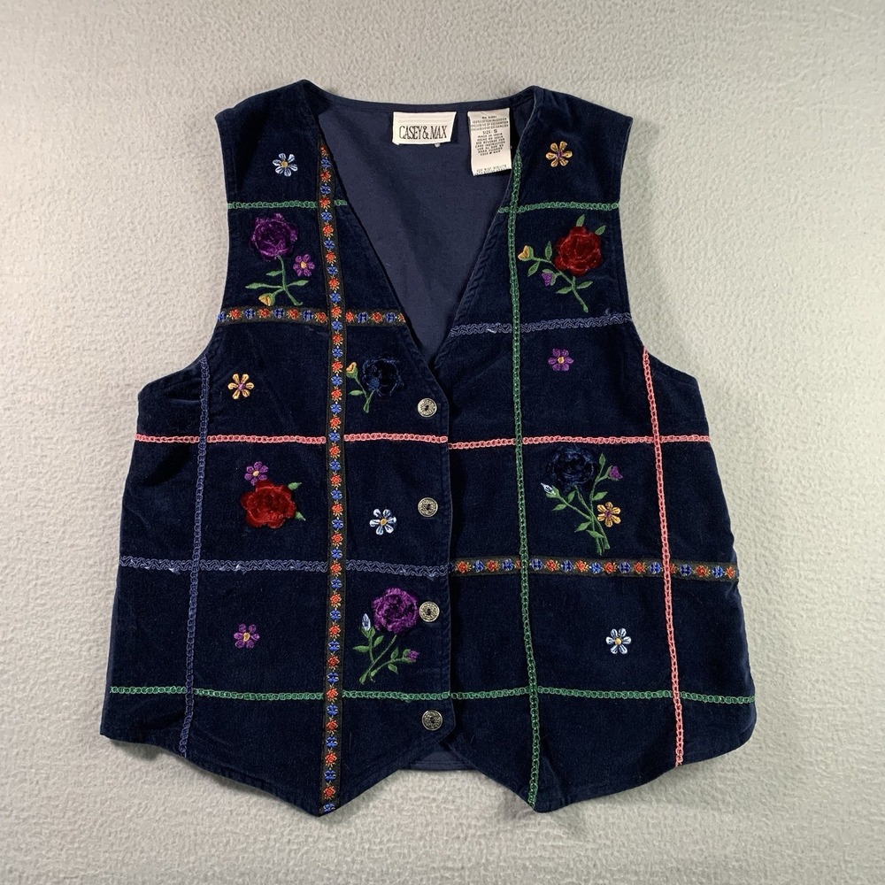 Vintage 80s 90s Casey & Max Vest Women S Blue Velvet Floral Cottagecore Boho